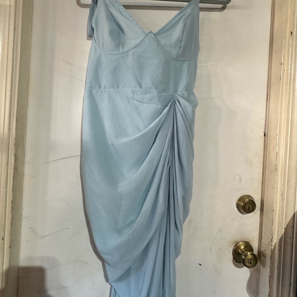 PLT Light Blue Ruched Bodycon Dress Size 10 Underwire Slit Date Night Going Out - Picture 3 of 10